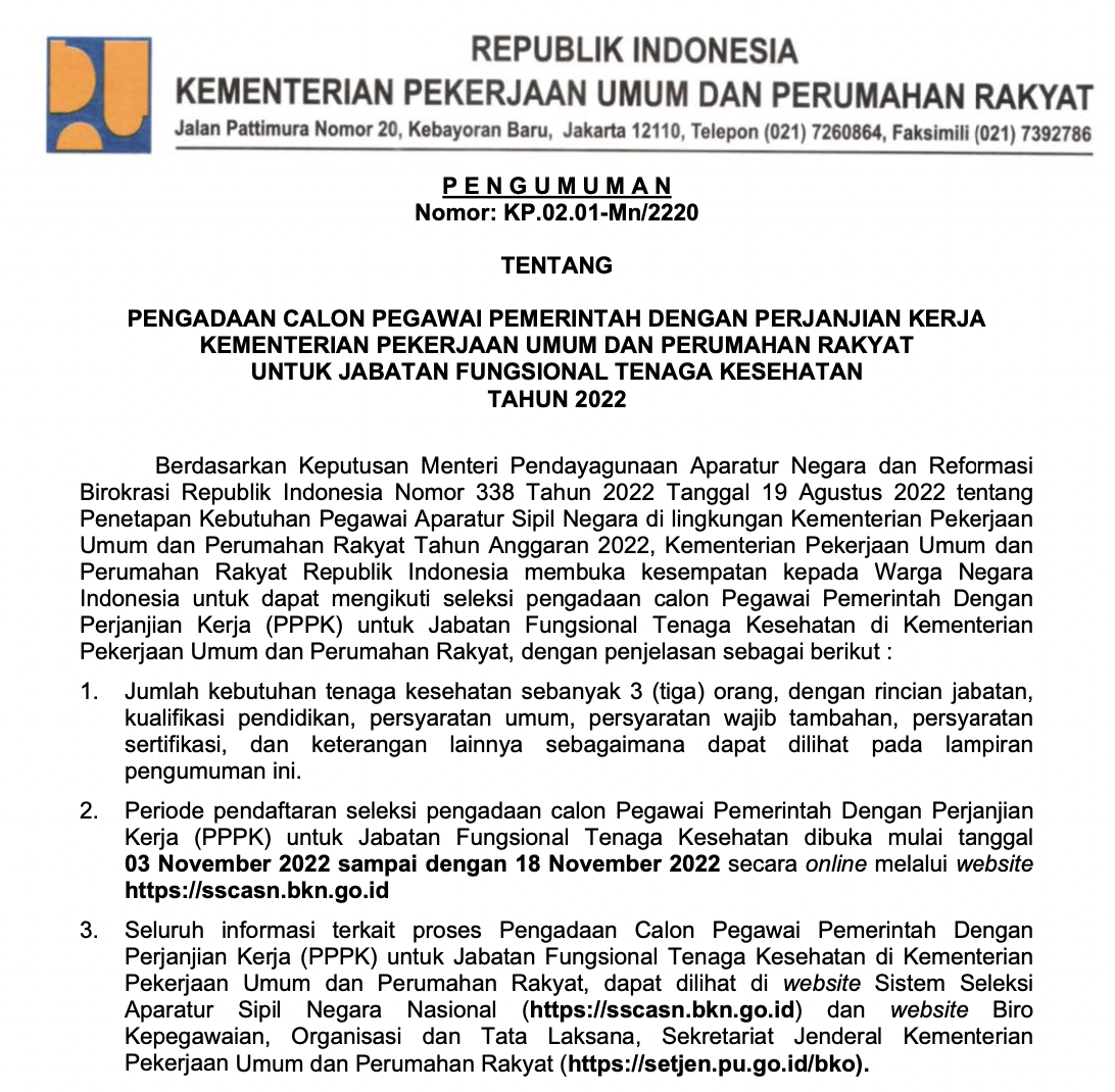 Formasi Resmi PPPK 2022 Kementerian PUPR